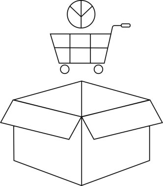 Üstünde alışveriş arabası ve pasta grafiği olan açık bir kutu. E-ticaret, teslimat ve veri analizini simgeliyor..