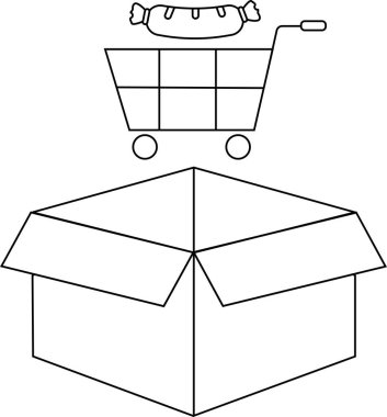 Üzerinde bir alışveriş arabası ve sosis olan açık bir kutunun renkli veya eğitici amaçlar için uygun siyah beyaz çizimi..