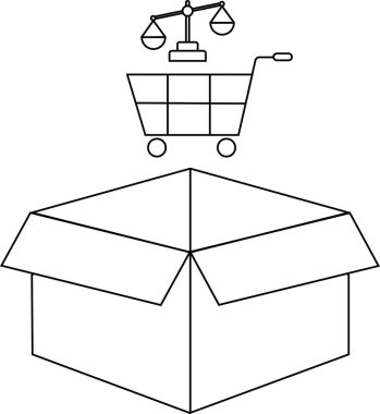 Üstünde alışveriş arabası ve pullar olan açık bir kutunun siyah beyaz çizimi..