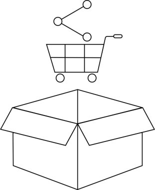 Açık bir kutunun basit bir çizimi, bir alışveriş arabası ve beyaz üzerine izole edilmiş bir paylaşım simgesi..