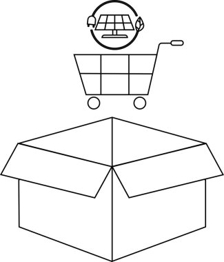 Üstünde alışveriş arabası ve güneş paneli simgesi olan açık bir kutu tasviri sürdürülebilir alışveriş önerisi.