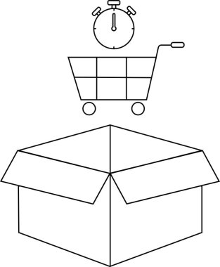 Üstünde alışveriş arabası ve kronometre simgesi olan açık bir kutunun basit siyah beyaz çizimi, hızlı teslimatı simgeliyor..
