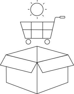 Üstünde alışveriş arabası olan açık bir kutu ve arabanın üzerinde parlayan güneş tasviri..