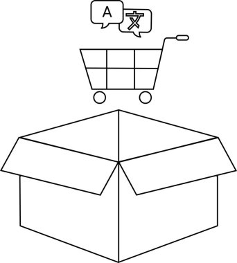 Üzerinde bir alışveriş arabası olan açık bir kutunun tasviri, çeviri simgeleri, küresel ticaret ve teslimatı sembolize ediyor..