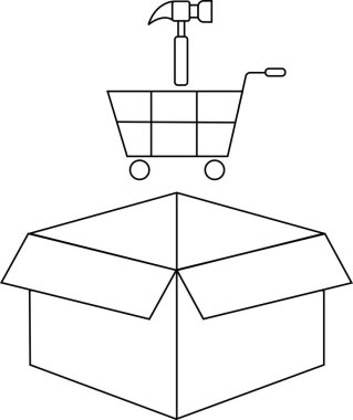 Üstünde alışveriş arabası ve çekiç olan açık bir kutunun basit bir çizimi, araç veya inşaat araçlarını veya.
