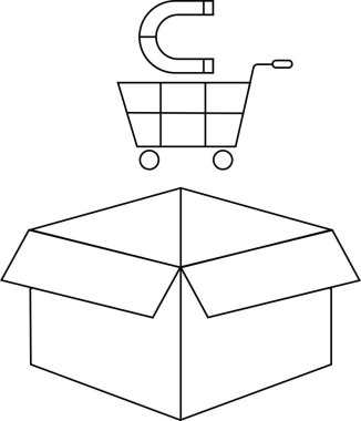 Üzerinde bir mıknatıs bulunan bir alışveriş arabasının açık bir kutunun üzerine yerleştirilmiş basit bir siyah beyaz çizimi..