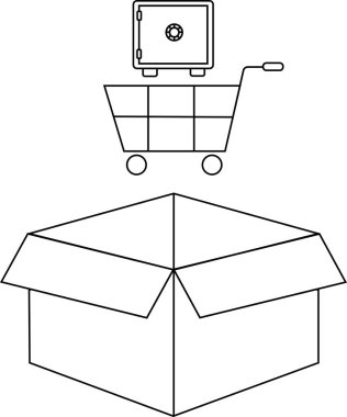 Açık bir kutunun üstündeki alışveriş arabasında bir kasa çizimi güvenlik ve teslimatı işaret ediyor..