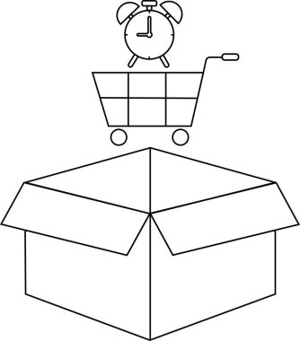 Açık bir kutunun üzerine yerleştirilmiş, üzerinde çalar saat olan bir alışveriş arabasını gösteren bir çizgi çizimi..