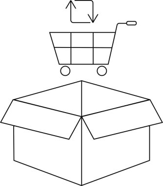 Açık bir kutunun üzerinde, perakende, teslimat veya dönüş işlemlerini sembolize eden bir ok bulunan bir alışveriş arabasını gösteren basit bir çizgi..