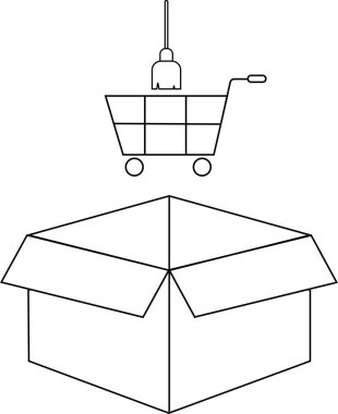 Açık bir kutunun üstündeki alışveriş arabasının basit bir çizimi çevrimiçi alışveriş ve teslimatı simgeliyor..