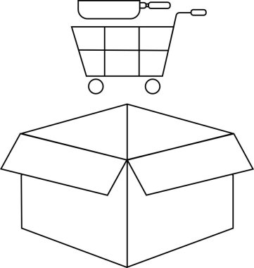 İçinde tava olan bir alışveriş arabasının açık bir kutunun üzerine yerleştirilmiş basit bir çizim çizgisi çizimi..