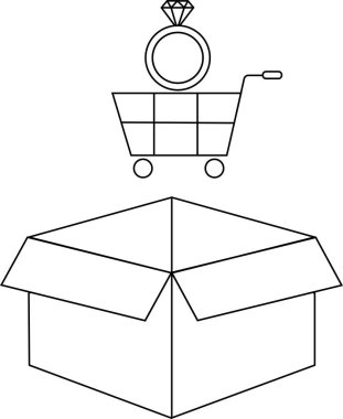 Açık bir kutunun üzerinde, online alışveriş ve lüks malları sembolize eden elmas bir yüzük bulunan bir alışveriş arabasının yer aldığı minimalist bir çizgi çizimi..