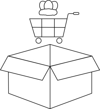 Açık bir karton kutunun üzerinde çeşitli yaratıcı projeler için uygun yumurtalarla dolu bir alışveriş arabasının basit siyah beyaz çizimi..