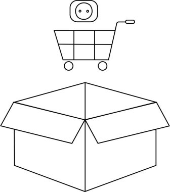 Çeşitli tasarım projeleri için uygun, açık bir kutunun üzerinde fişi olan basit bir alışveriş arabası çizimi.