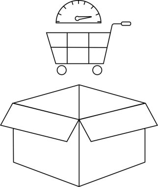 Açık bir kutunun üzerinde hız göstergesi olan bir alışveriş arabası tasviri hız ve teslimatı simgeliyor..