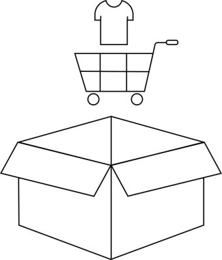 Açık bir karton kutunun üstünde tişört olan bir alışveriş arabasının basit bir çizimi, online alışveriş veya teslimatı temsil ediyor..