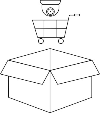 Güvenlik kamerası açık bir kutunun üstündeki alışveriş arabasını görüntüler. Güvenlik, perakende izleme ve bir mağaza veya depodaki olası hırsızlığı önlemeyi sembolize eder..