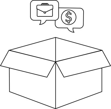 İçinde bir evrak çantası ve dolar işareti olan, iş ve parayı temsil eden, konuşma baloncukları olan açık bir kutunun basit bir çizgisi çizimi..
