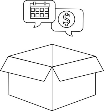 İçinde takvim ve dolar işareti bulunan, zamanlamayı ve fiyatlandırma hususlarını sembolize eden, konuşma baloncukları olan açık bir kutu tasviri.