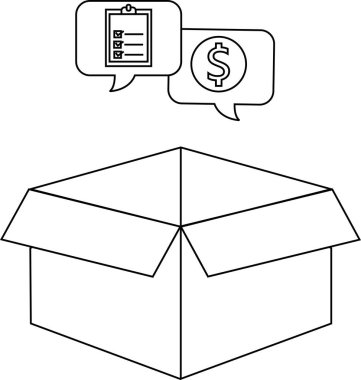 Açık bir kutu, bir kontrol listesi ve bir dolar işareti içeren konuşma baloncukları ile tasvir edilir, sıralamayı ve maliyet hususlarını sembolize eder.