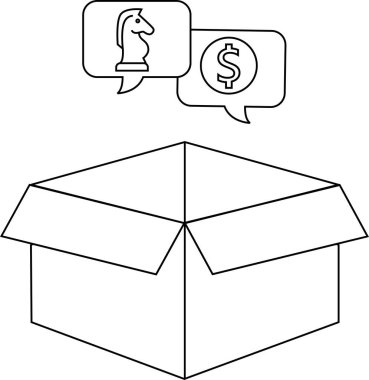 Üzerinde konuşma baloncukları olan açık bir karton kutu. Bir tanesinde satranç şövalyesi ve bir dolar işareti var..