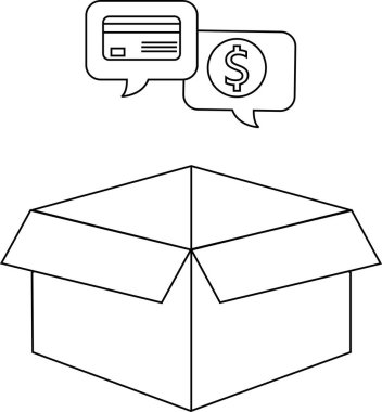 Kredi kartı ve dolar simgelerini temsil eden açık bir kutu. Kutuların içeriğiyle ilgili ödeme ya da mali işlemleri öneriyor..