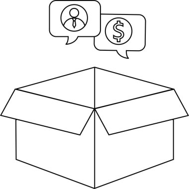 Müşteri simgesi ve dolar işareti içeren, müşteri değerini ve fiyatlandırmayı temsil eden konuşma baloncukları içeren bir açık kutu.