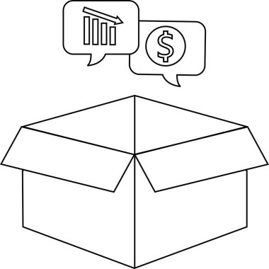 Konuşma baloncuklarının olduğu açık bir kutunun tasviri azalan bir grafik ve bir dolar işareti gösteriyor, finansal kaybı veya ekonomik krizi simgeliyor.