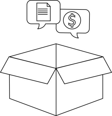 İçinde bir belge ve dolar işareti bulunan, iş ya da finansal kavramları temsil eden, konuşma baloncukları olan basit bir çizgi çizimi.