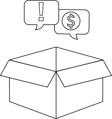 İçinde ünlem işareti ve dolar işareti olan konuşma baloncukları olan açık bir kutunun basit bir çizgisi çizimi.