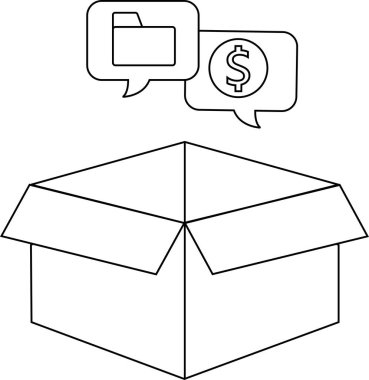 İçinde bir klasör ve dolar işareti bulunan, organizasyonu ve finansal kazancı simgeleyen, konuşma baloncukları olan açık bir kutu tasviri.