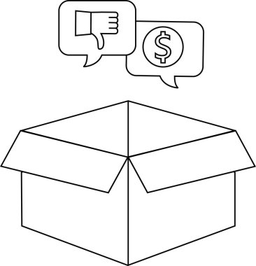 Eksi geri bildirim ve maliyet sembolü gösteren, ürün memnuniyetsizliğini ya da yüksek fiyatı temsil eden açık bir kutu tasviri.