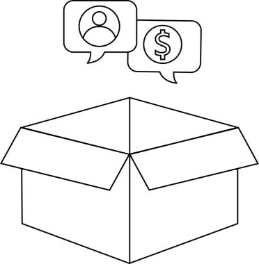 Üzerinde konuşma baloncukları olan açık bir kutu tasviri, birinin üzerinde insan simgesi ve diğerinde dolar işareti olan..