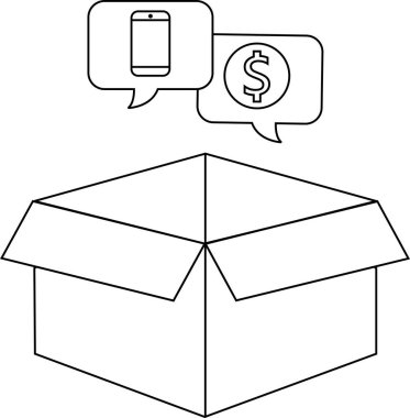 Bir telefon ve dolar işareti içeren, teknoloji ve finans kavramlarını temsil eden, konuşma baloncukları içeren açık bir kutu çizgisi çizimi..