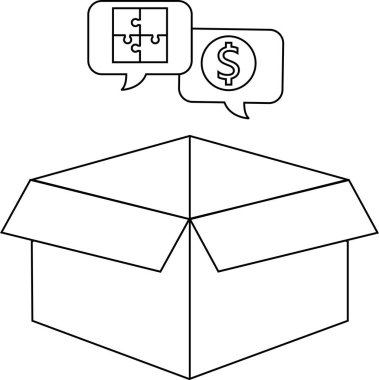 Üzerinde bir yapboz ve bir dolar işareti olan siyah-beyaz bir illüstrasyon içeren, üzerinde konuşma kabarcıkları olan açık bir kutu..
