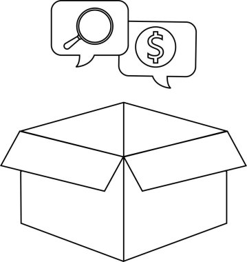 İçinde büyüteç ve dolar işareti bulunan, değer ya da maliyet analizini sembolize eden, konuşma baloncukları olan açık bir kutu..