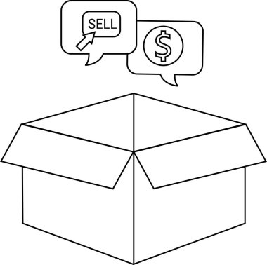 Satışları ve parayı gösteren konuşma baloncukları olan basit bir çizgi çizimi, e-ticaret veya iş kavramları için ideal.
