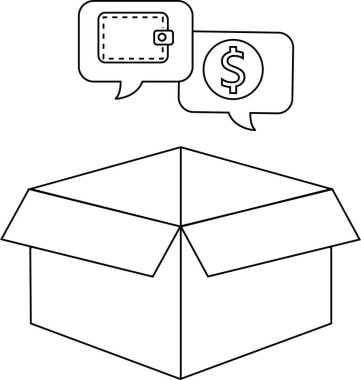 Üzerinde cüzdan ve para sembolü olan açık bir kutunun çizimi, mali hususları düşündüren konuşma baloncukları içeriyor..