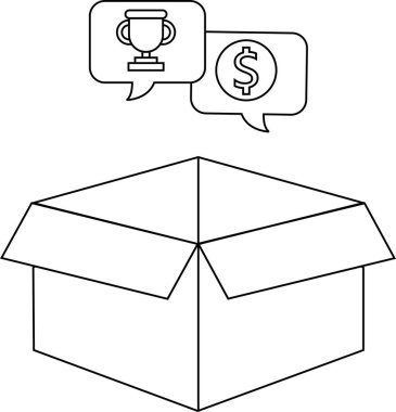 İçinde ödül ve dolar işareti bulunan, ödülleri veya teşvikleri sembolize eden konuşma baloncukları olan açık bir kutu çizgisi çizimi..