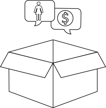 Üzerinde konuşma baloncukları olan açık bir kutu. Birinde kadın sembolü, diğerinde de para sembolü var..