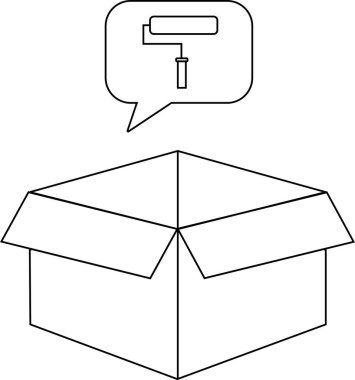 İçinde boya rulosu olan bir düşünce baloncuğu olan açık bir kutunun basit bir çizgisi çizimi boyama veya yenilemeyi öneriyor..