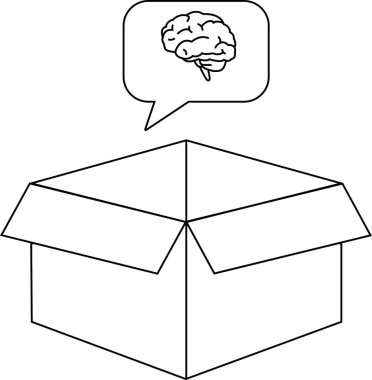 Üzerinde bir konuşma balonunun içinde beyin simgesi olan açık bir kutuyu gösteren basit bir siyah beyaz çizim beyin fırtınasını temsil ediyor..