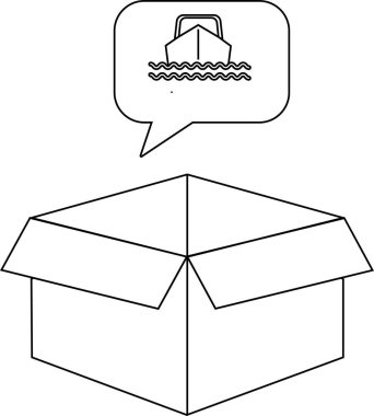 Açık bir karton kutunun basit bir siyah beyaz çizimi. Üzerinde su üzerinde bir tekne bulunan bir düşünce baloncuğu..