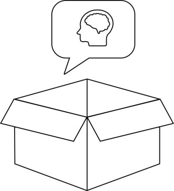 Basit bir siyah beyaz illüstrasyon, içinde beyin olan ve kutunun dışındaki düşünceyi sembolize eden bir düşünce baloncuğu olan açık bir kutuyu gösteriyor..