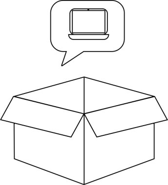 Kutudaki bir dizüstü bilgisayarın basit siyah beyaz çizimi teslimatı ya da açılmayı öneriyor..