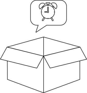 Üzerinde alarm saati olan açık bir düşünce baloncuğu olan siyah-beyaz bir kutu çizimi, zaman ya da son teslim tarihini gösteriyor..