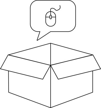 Üzerinde bir bilgisayar fare simgesi bulunan bir konuşma balonu olan açık bir kutunun basit bir satır çizimi.
