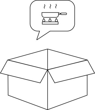 İçinde fırının tepsisi olan düşünce baloncuğu olan açık bir kutunun basit bir çizgisi çizimi..