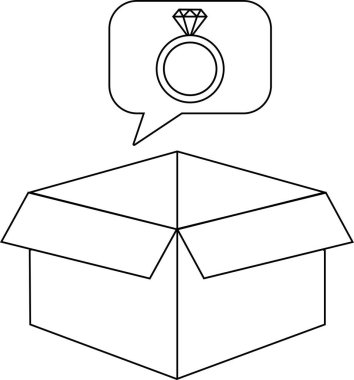 Açık bir kutunun basit bir çizgisi. İçinde bir nişan yüzüğü olan bir düşünce balonu. Evlilik teklifi ya da hediyesini simgeliyor..