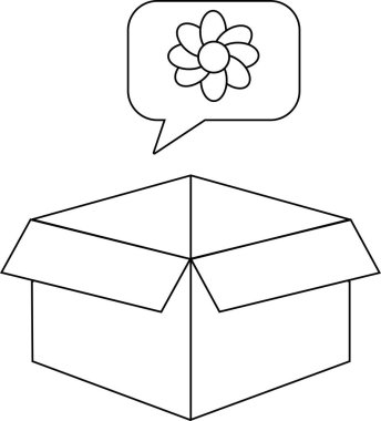 Üzerinde çiçek olan bir düşünce baloncuğu olan açık bir kutunun basit siyah beyaz çizgisi..